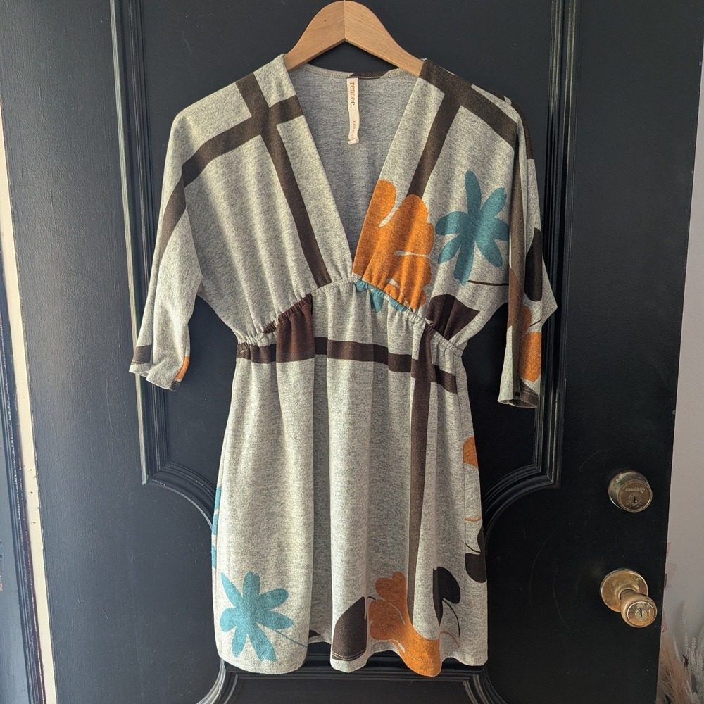 Renee C Mini Dress V Neck Retro Floral Print Stripe Gray Babydoll Women's Sz M